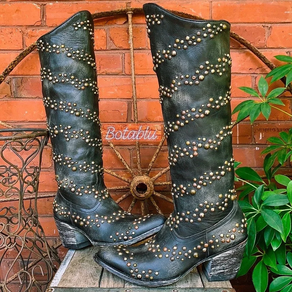 OLD GRINGO Rare Tall Studded Black Leather Cowgirl Western Boots Size 6 - Picture 2 of 12